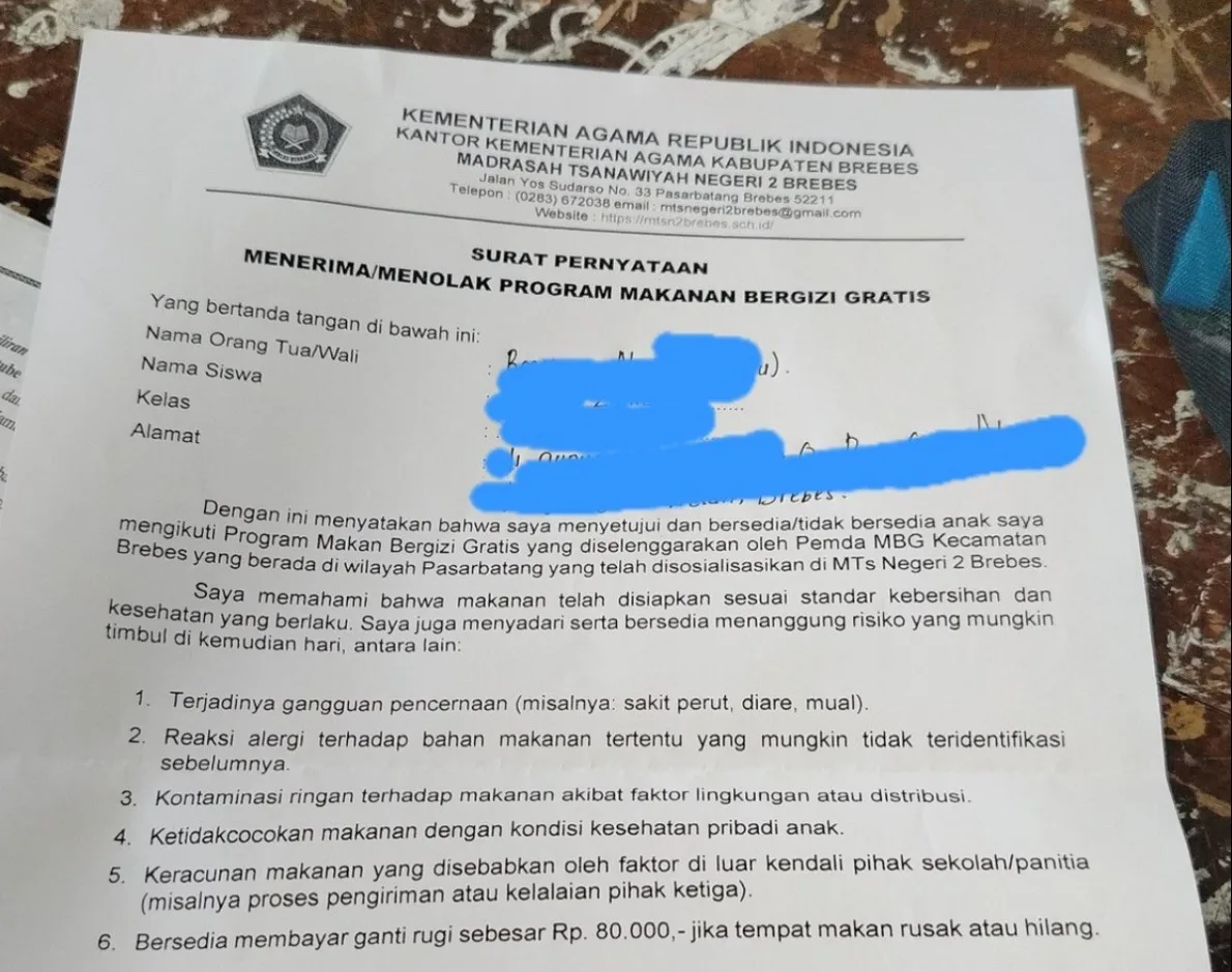 Surat Pernyataan Program MBG di MTsN 2 Brebes Jadi Sorotan, Kemenag Klarifikasi