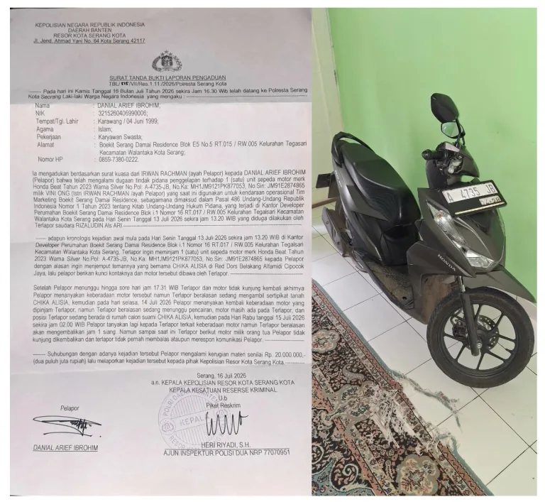 Polresta Serang Kota Dinilai Lamban Tangani Kasus Penggelapan Motor
